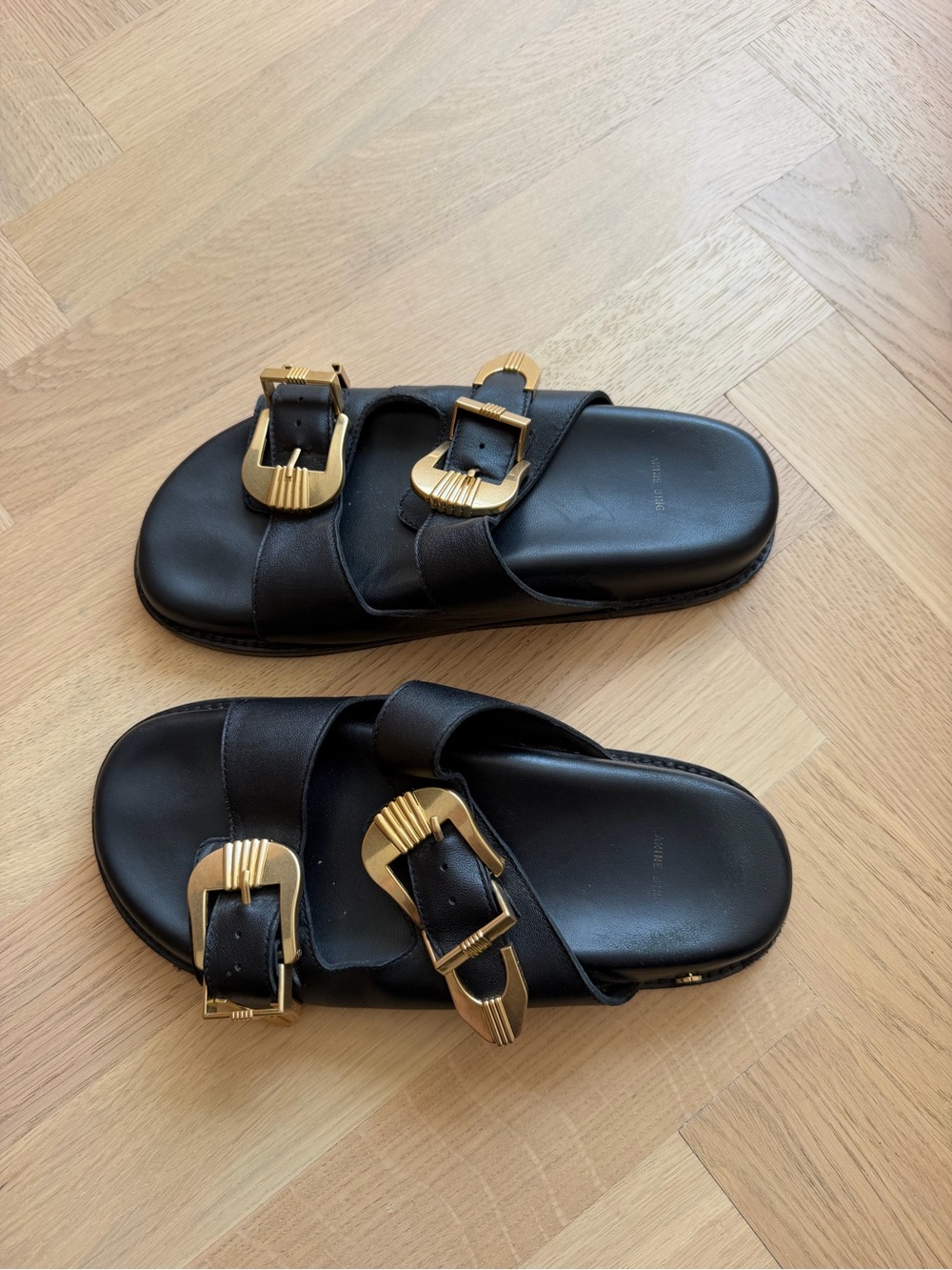 Anine Bing Black Leather Slide Sandals with Gold Buckles - Picture 13 of 16